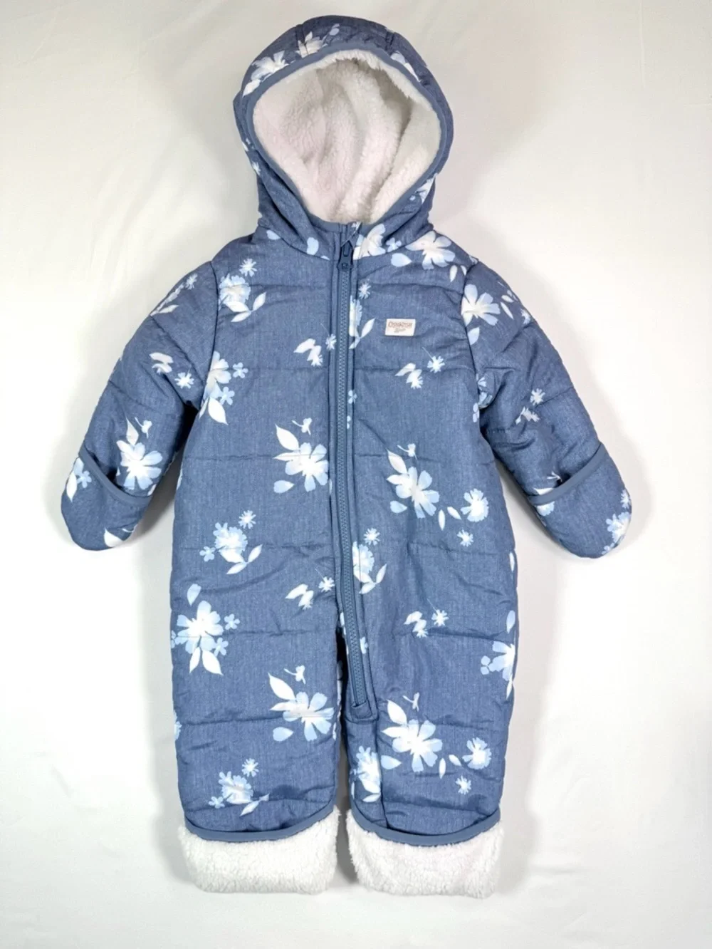 OSHKOSH Baby Girl Snowsuit‎ 6-9M Blue Floral Hooded Winter Puffer Cottagecore